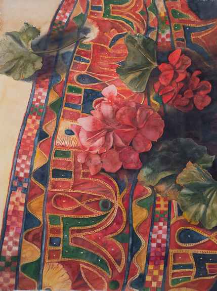 Eileen Goodman, Geraniums On Antique Indian Fabric – Gross McCleaf Gallery