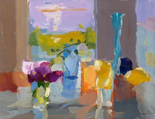 Pansies and Candlestick by the Window