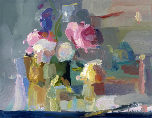Peonies, Delphinium, and Cabinet