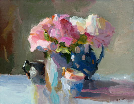 Peonies with Pitchers and Stacked Teacups