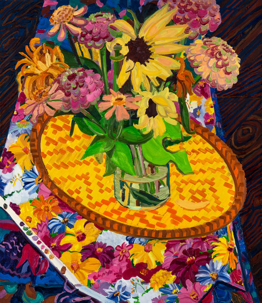 Still Life With Quilting Fabric And Summer Flowers