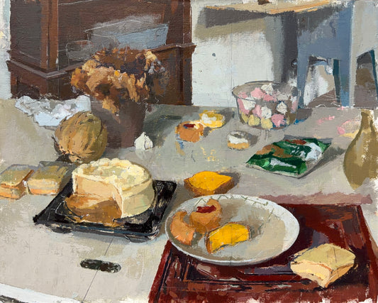 Yellow Cake Still Life with Flowers