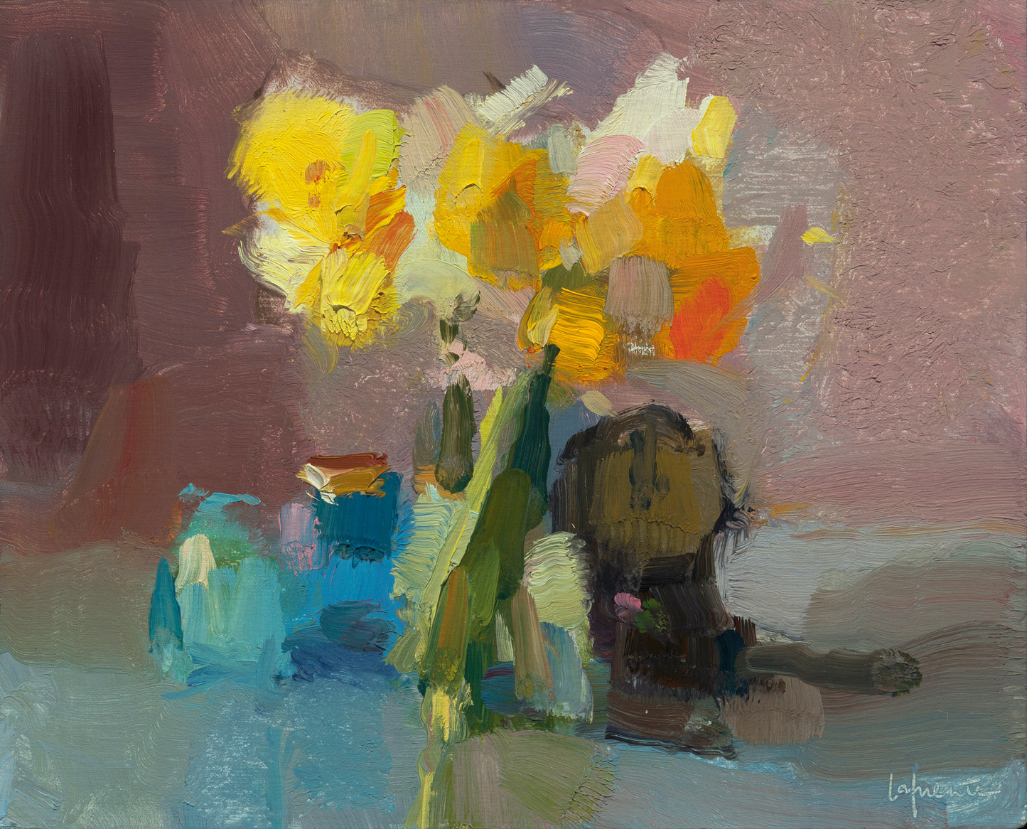 Daffodils, Bottles And Clock