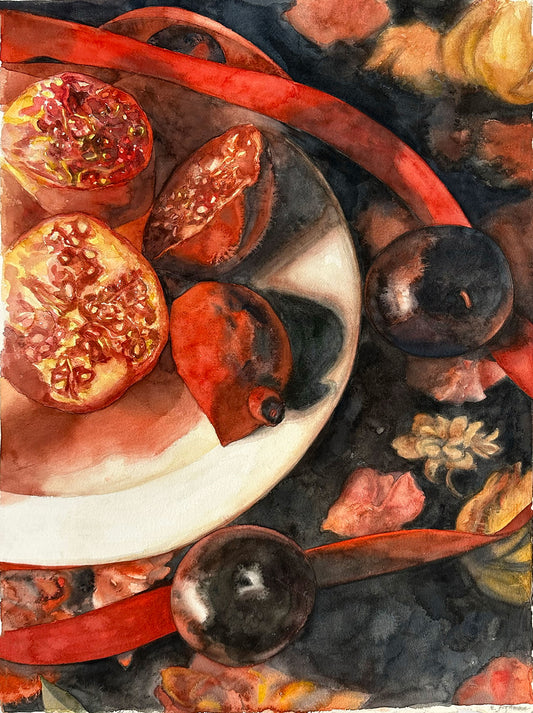 Pomegranates, Ribbon, And Plums